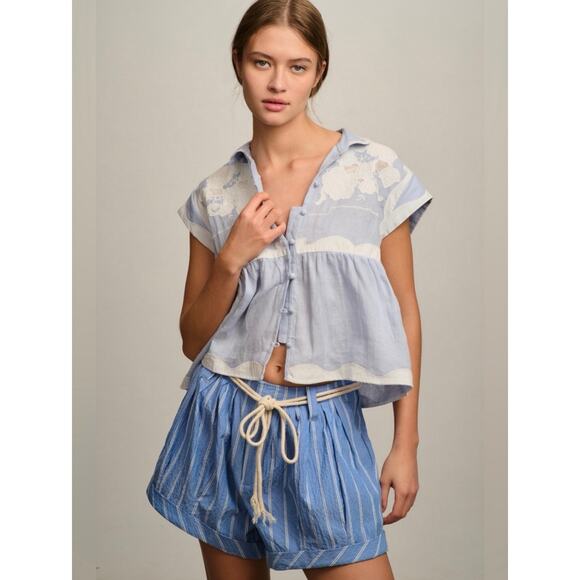 Anthropologie Tops - LIKE NEW Anthropologie Light Blue and Cream Short Sleeve Peplum Button Top